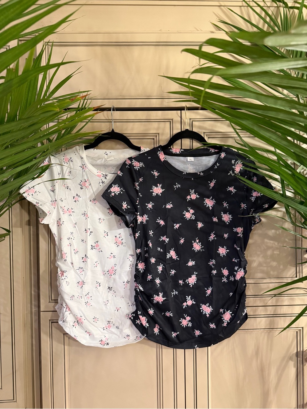 Bundle 2 Floral Short-Sleeve Tee Shirts Tops Blouse Ruched side Western Style Lg